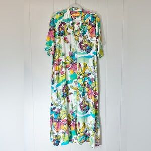 Jams World Honolulu Maxi Shirt Dress Tropical Floral Buttons Beach Resort Medium